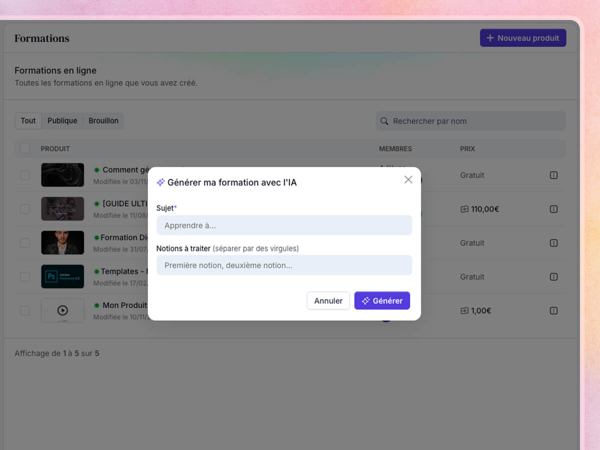 Générer une formatione en ligne avec l'IA sur Peachie