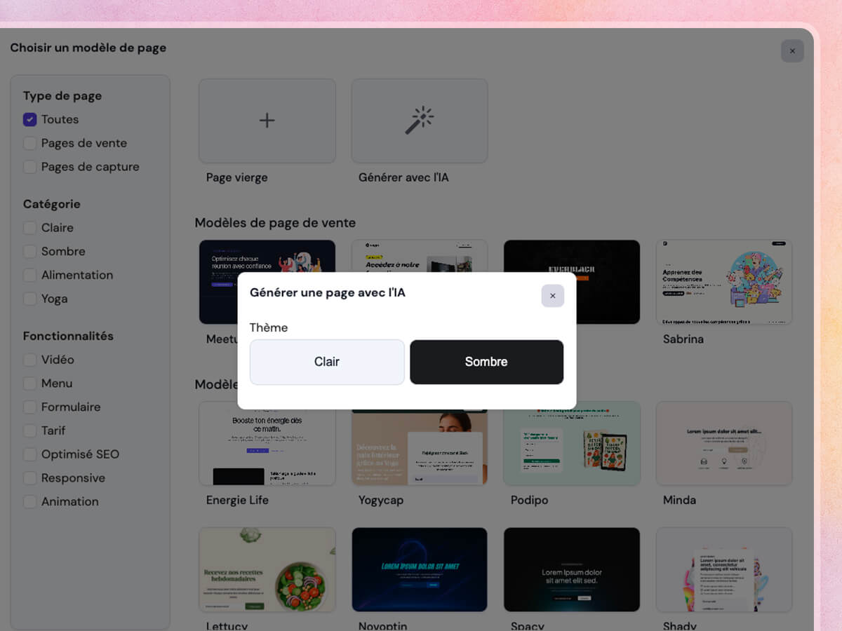 Générer une page de site internet avec l'IA sur Peachie