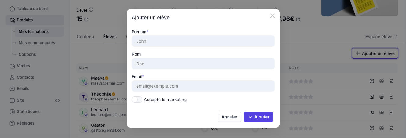 Inviter un élève à une formation existante sur Peachie
