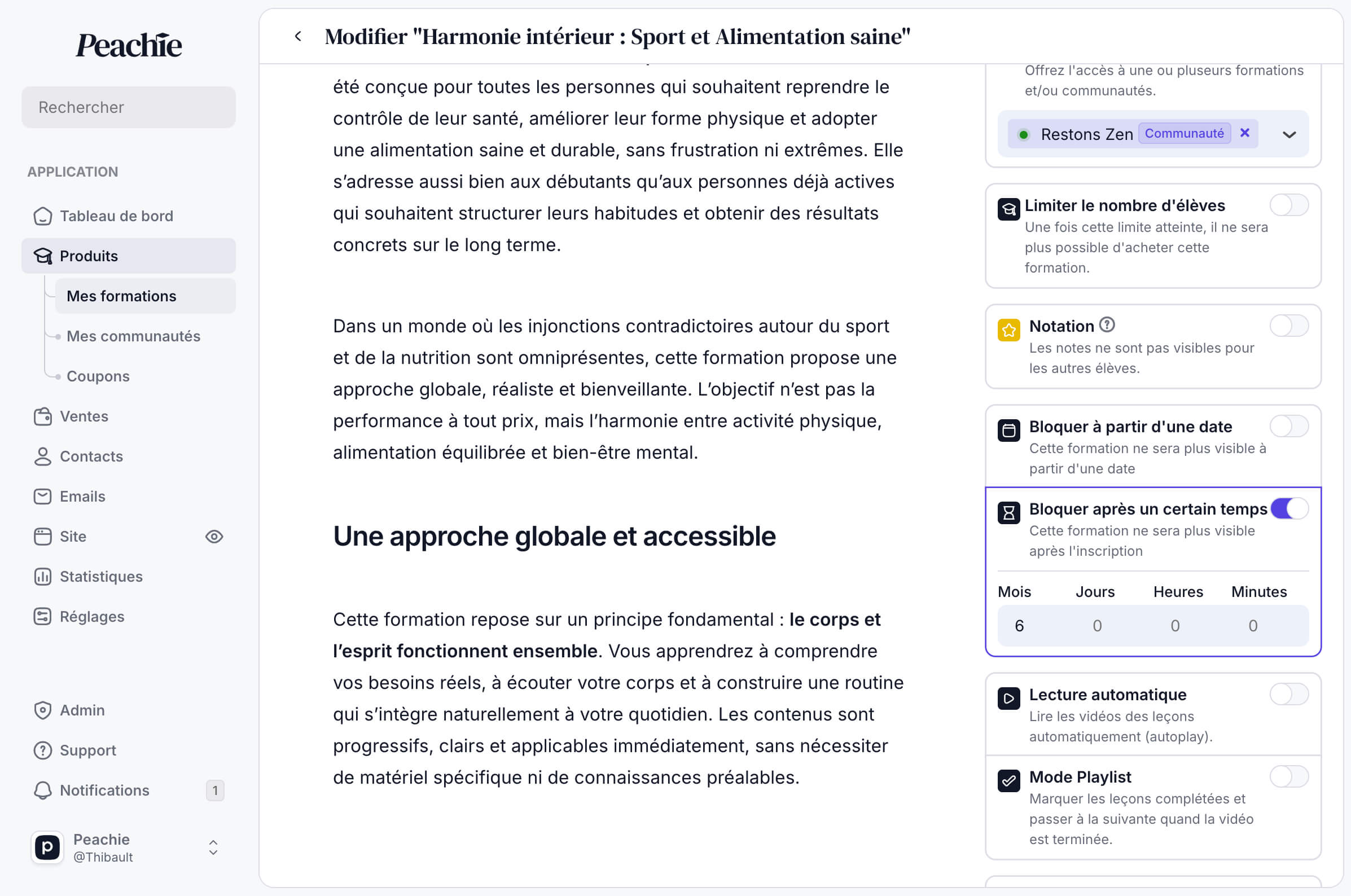 Configurer un délai d'expiration à une formation en ligne sur Peachie