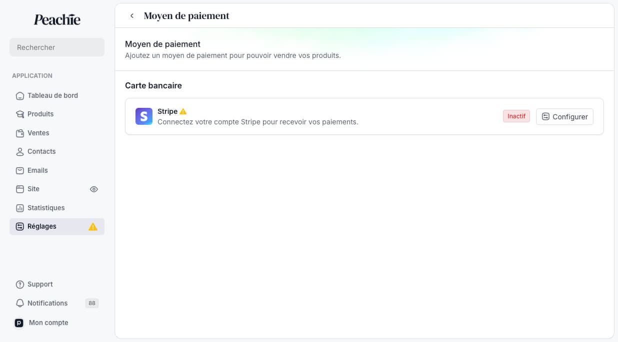Connecter un compte Stripe sur Peachie